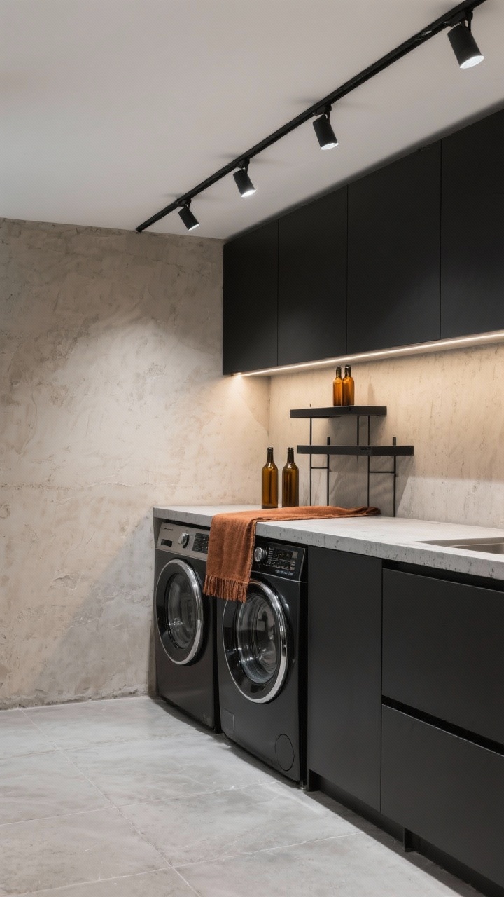 Detail closeup, urban minimalist textures: waterfall concrete-look counter spanning a niche with stacked washer/dryer edge visible, adjacent flat-front black cabinets with integrated pulls (no protrusions), blackened steel open shelves holding amber glass bottles and a single rust-toned runner edge draped nearby. Warm greige plaster wall texture behind, large-format porcelain floor resembling poured concrete. Overhead track light casting clean, directional illumination and subtle shadows. Cool, architectural vibe; photorealistic macro focus on materials.