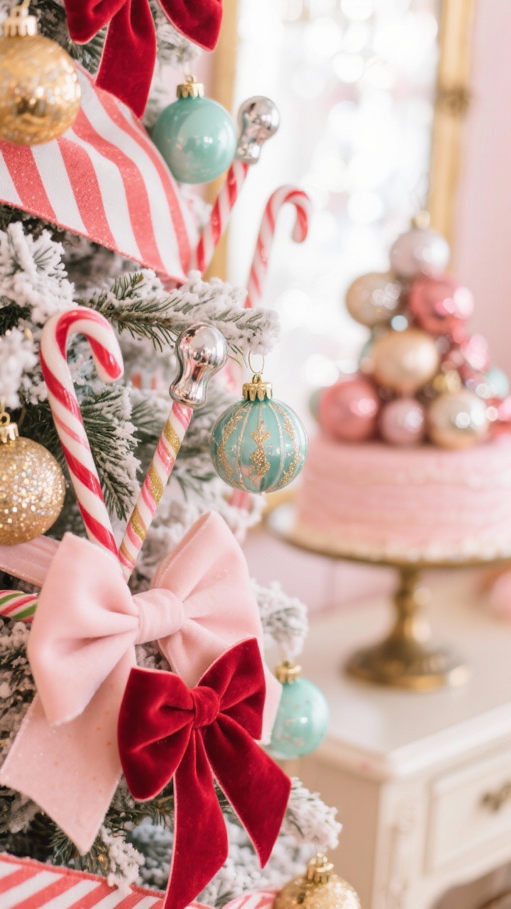 Detail closeup, Vintage Candy Shop Glam: a flocked tree branch section layered with striped ribbon, candy cane picks, mercury glass finials, and whimsical ornaments, tied together with blush and cherry red velvet bows; background bokeh hinting at a console displaying a vintage cake stand piled with glass ornaments like candy drops; palette of pastel pink, peppermint red, mint, and gold; refined yet playful styling with metallic accents; soft, sparkly lighting emphasizing textures and shimmer, photorealistic macro perspective.