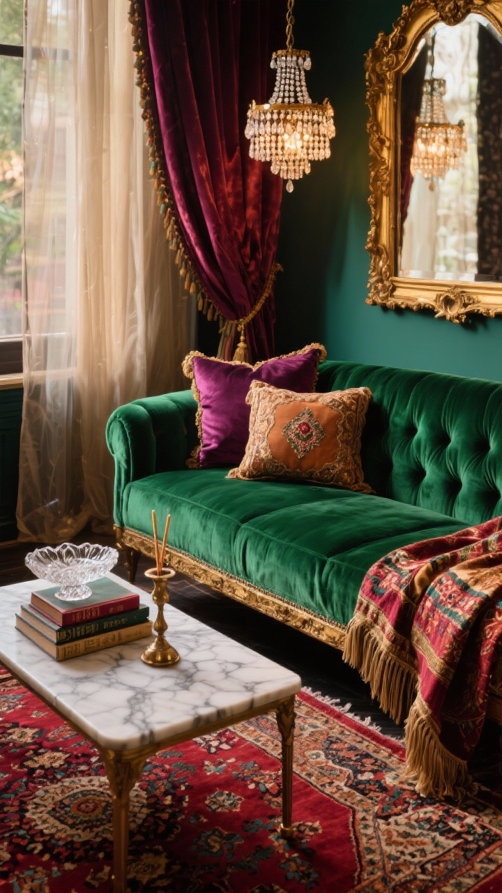 Detail closeup, vintage gypsy glam: rich jewel-toned vignette focusing on an emerald velvet loveseat edge with a ruby-toned Persian rug beneath; marble-top side table holding a crystal dish, incense holder, and stacked books; background hints of layered curtains—sheer under velvet—plus a gold-framed mirror reflecting a beaded chandelier; textiles include fringe throws, embroidered cushions, silk accents; palette emerald, ruby, plum, antique gold; warm, moody, luxe lighting with soft highlights on velvet pile and marble veining.
