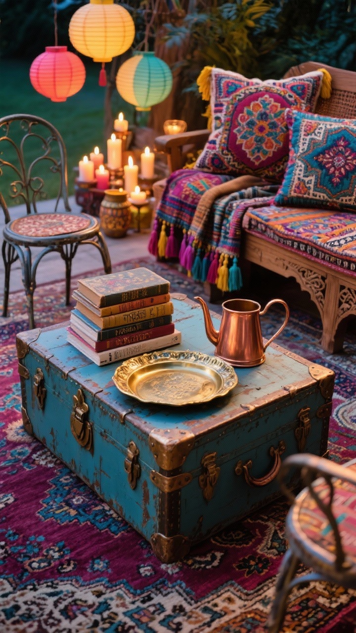 Detail closeup, Vintage Maximalist Boho Mix: A styled vignette on a trunk-style coffee table atop a distressed Persian-style outdoor rug in berry and sapphire tones. Mixed brass and enamel trays, a stack of thrifted books, and a copper watering can add shine. Edges show mix-and-match vintage metal chairs and a carved wood bench. Embroidered suzani pillows, mudcloth throws, and tasseled cushions layer color and pattern in the background. Colorful paper lanterns and candle clusters in mismatched holders suggest warm, eclectic lighting. Photorealistic, evening glow.