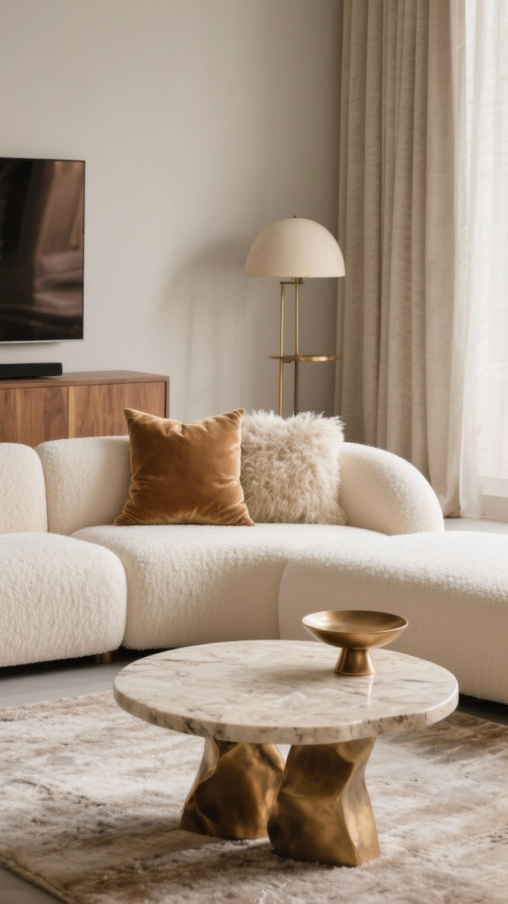 Detail closeup, Warm Minimal Luxury textures: cream microplush modular sofa with rounded edges in front of soft greige walls; a travertine coffee table with a thick sculptural base partially in frame; velvety throw pillows and a shaggy yet low-pile rug visible for tactile contrast; bronze accents catching light on a slim side table and a dome floor lamp in the background; warm wood media unit softly blurred; greige, cream, camel, bronze palette; gentle filtered light through a linen curtain panel; photorealistic, intimate focus on materials.