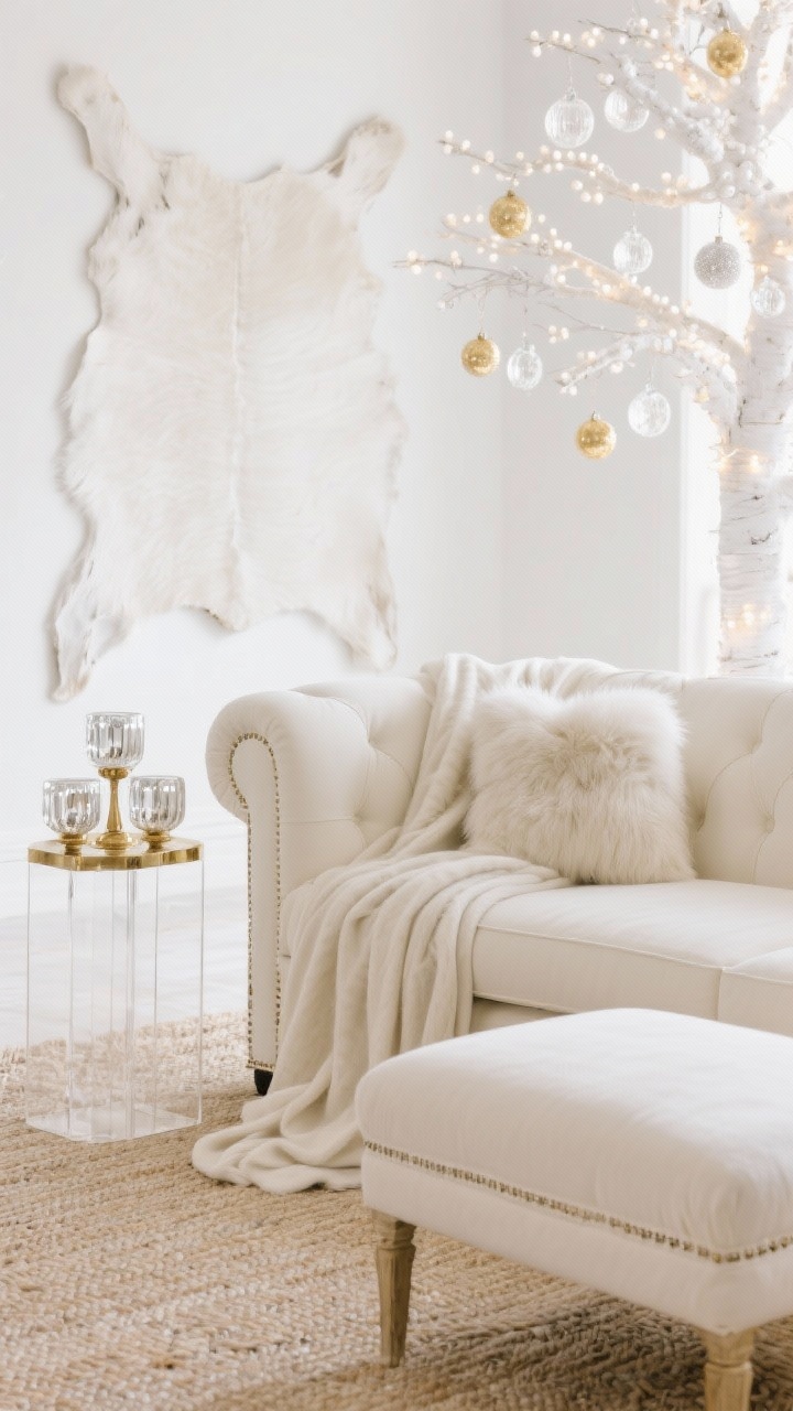 Detail closeup, Winter White Salon: textural ensemble in ivory, bone, pearl, and soft gold—corner of a creamy slipcovered sofa with a draped cashmere throw, mongolian fur pillow, and linen-upholstered ottoman edge; beside them a lucite/brass side table holding mercury glass votives; in background a white cowhide layered over pale sisal, hints of white lights and clear glass ornaments on an all-white-and-gold tree; bright, diffused champagne-like glow.