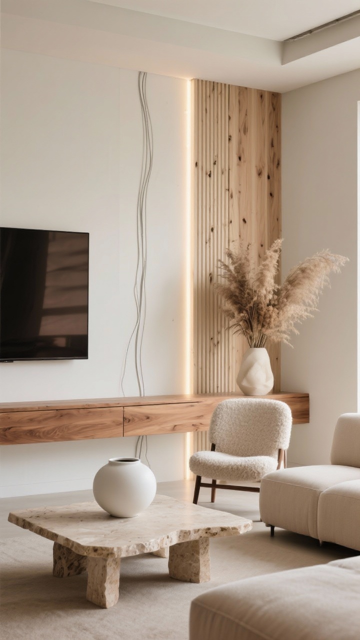 Detail closeup with raking light: Vertical white oak wood slat feature wall behind a slim, wall-mounted media console in matching wood, cables hidden. Minimalist LED wall washers graze the slats, emphasizing texture and rhythm. Palette is tonal: sand, oatmeal, caramel, and soft white. Foreground includes a travertine slab coffee table with chunky legs and an oversized matte white ceramic vessel next to a single large-scale dried arrangement. Sculptural side chair in boucle/felt partially visible, low modular sofa in putty-beige at edge. Calm, warm minimalism, photorealistic.