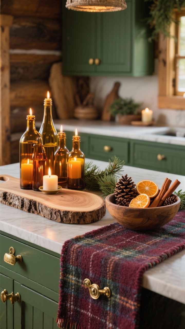 Detail closeup, Woodland Lodge Warmth vignette on a kitchen island: live-edge wooden cutting board display beside a plaid wool runner; antique brass hardware visible in the background cabinetry; cluster of amber glass bottles used as candleholders casting warm flickers; rustic bowl filled with pinecones, cinnamon sticks, and dried orange slices; cedar or pine garland edge peeking in, palette of forest green, deep oxblood, and caramel; cozy, cabin-chic ambiance with golden candlelight, photorealistic, no people.