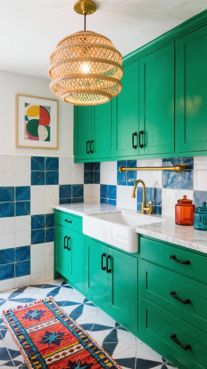 Detail/medium hybrid: Bold color and pattern laundry vignette with cabinets painted a saturated emerald (or cobalt/paprika variant), crisp white quartz counters, high-contrast patterned tile floor (Moroccan stars or modern geometrics), backsplash in checkerboard ceramic or handmade tonal zellige, mixed-metal hardware with brass knobs and matte black pulls, a curved brass hanging rod, a statement ceiling fixture (sculptural globe or tiered rattan) glowing overhead, a large framed graphic print, colorful rug runner edge, and bold glass canisters; joyful, vibrant, photorealistic.
