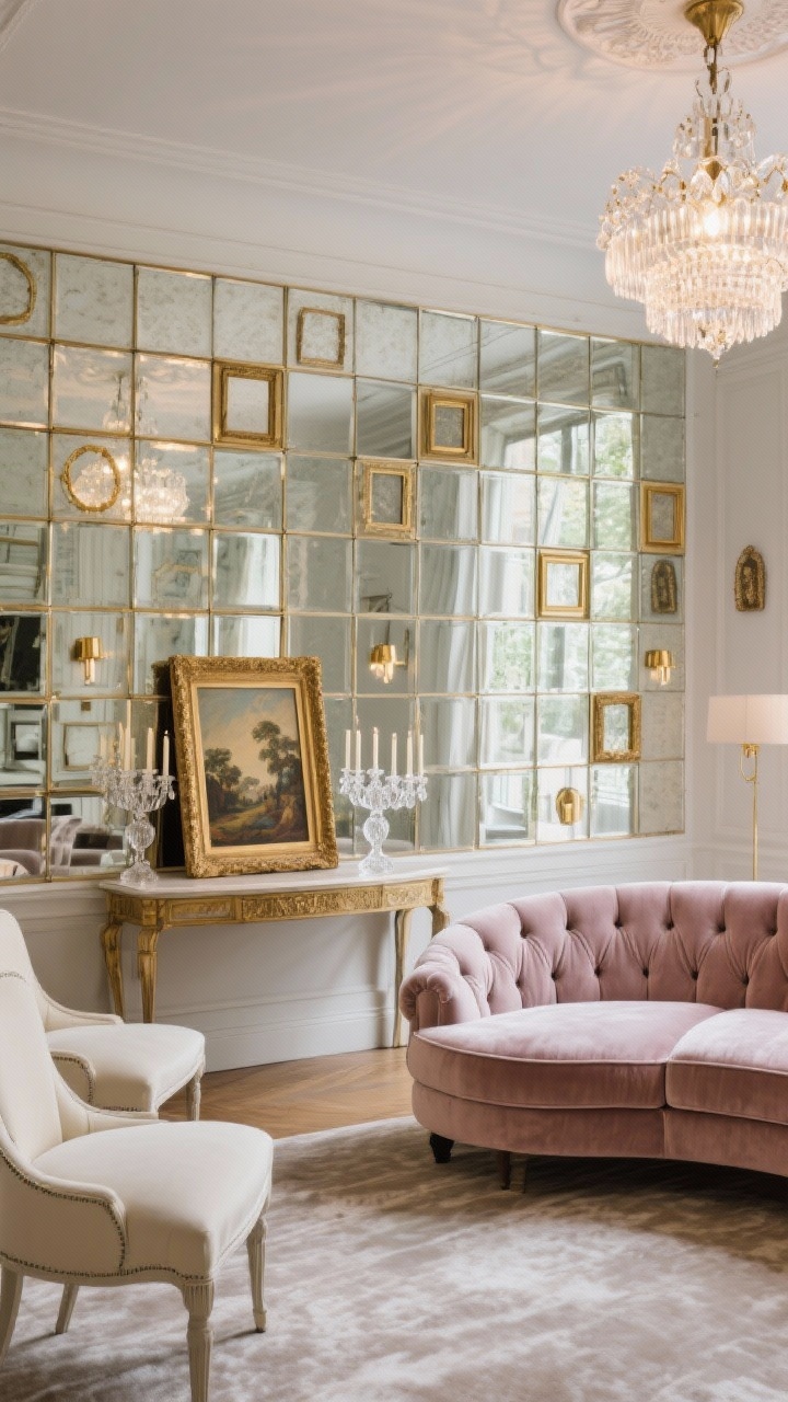 Detail/medium hybrid, straight-on: A mirror-paneled wall composed of antiqued mirror tiles or a grid of framed mirrors with thin brass borders, softly multiplying light. Below, a console holds a gold-framed vintage painting leaned casually; cut-glass candleholders sparkle. In the room, a curved velvet sofa in dusty rose (or dove gray), channel-tufted cream side chairs, silky viscose rug in light taupe. Overhead, a crystal flush mount glows; petite brass picture lights add delicate highlights. Parisian glam, luminous and dramatic, photorealistic, no people.