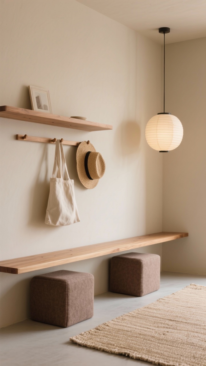 Detail/medium hybrid, straight-on, of a Japandi ledge lane: two parallel oak ledges—lower ledge used as a minimalist perch, upper ledge for display—against soft mushroom beige walls; under the perch, two warm taupe felt storage cubes; a few minimalist wood pegs holding a linen tote and straw hat; a paper lantern pendant casting gentle, diffuse light; a sand-colored flatweave rug grounding the scene; serene, clean lines and natural textures.