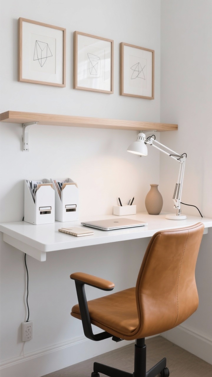 Detail/medium shot of a Gallery-White Office Nook, straight-on: wall-mounted desk shelf in white or birch with a sleek ergonomic chair in warm tan leather. Desktop kept sacred with only a laptop, a notebook, and a small vase. Two matching white magazine files and a slim pen tray control clutter. Above, a grid of three minimalist frames (line drawings/abstract geometry). Lighting via a clamp-on task lamp in matte white or aluminum; cords hidden in a baseboard cord channel. Sculptural, clean-lined work corner.