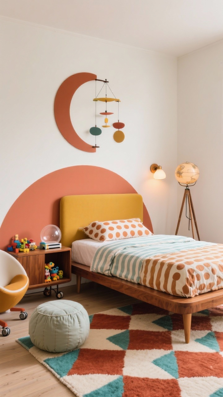 Detail/medium vignette, photorealistic: Mid-century playhouse corner featuring a warm white wall with an accent in terracotta or mustard. A walnut platform bed with tapered legs sits on a retro geometric rug in rust, teal, and cream. Dot-and-stripe bedding layers pattern play. Above the headboard, mobile-inspired art or a half-circle wall mural echoes mid-century shapes. A low walnut credenza organizes toys; a bubble chair or pouf offers playful seating. A rolling cart acts as a nightstand now, future tech station later. Lighting shows a tripod floor lamp and a globe sconce over the bed with warm glow. Retro shapes, modern function. No people.
