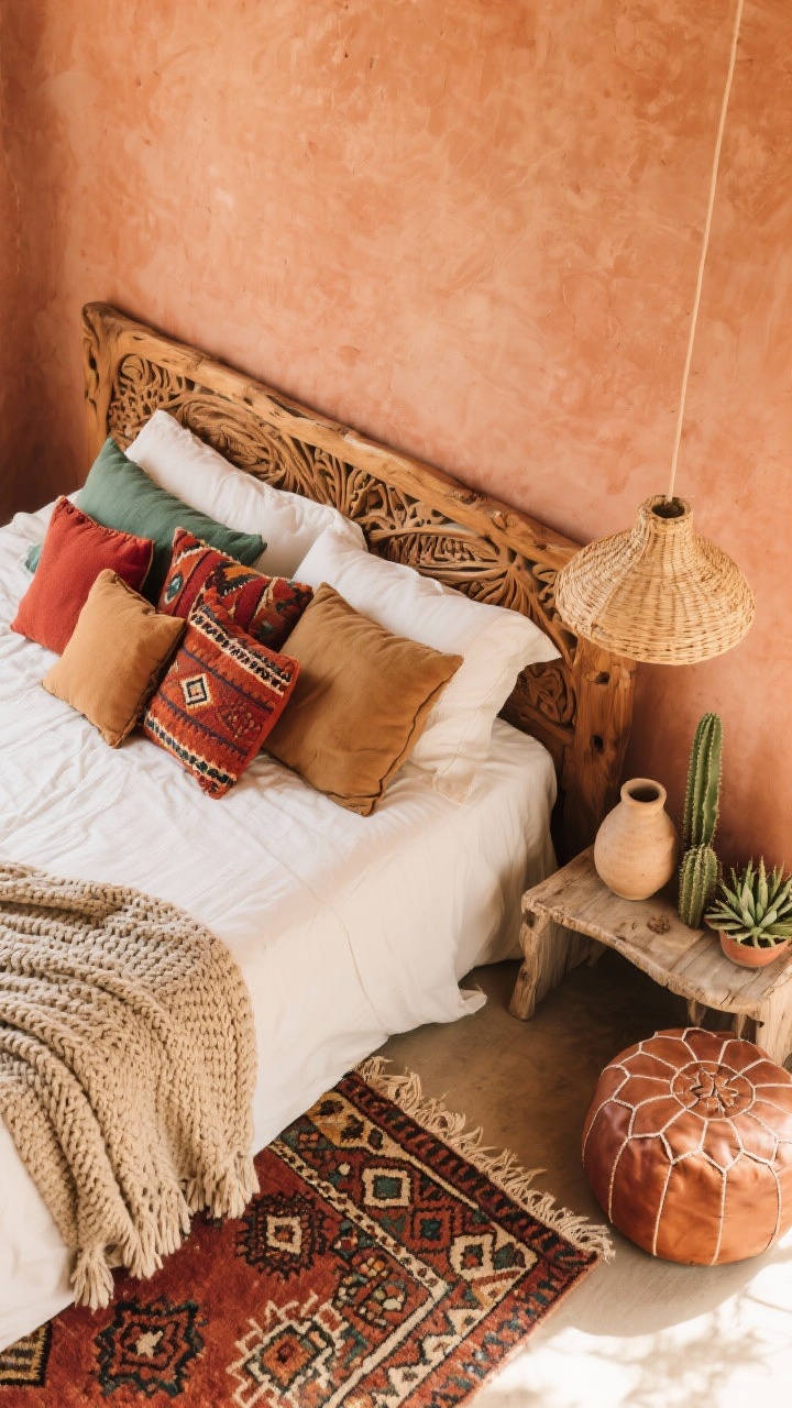 Detail overhead — Desert Boho Retreat: Top-down styled shot of a portion of a bed with kilim pillows in terracotta, rust, camel, and sage atop cream bedding, next to the corner of a Moroccan-style patterned rug and a chunky knit throw. A carved mango wood headboard edge and raw-edge nightstand corner appear; a leather pouf and ceramic vase sit beside small cacti and succulents. Warm terracotta wall tone visible at the edge. Woven pendant light casts a soft, sun-baked glow. Palette: terracotta, rust, camel, sage, cream. Relaxed, sunlit warmth.