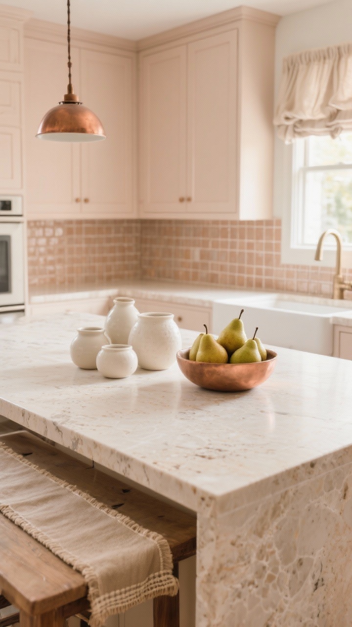 Detail/overhead shot: A softly lit island top in light travertine with tonal texture. Clustered cream ceramics and a copper bowl filled with pears. Background hints of soft almond cabinetry with walls in a paler almond, plus a small copper pendant over the sink. Micro-mosaic/small square tiles in tonal almond on the backsplash. Linen café curtains and a natural table runner edge visible. Gentle, tactile, quietly luxurious mood, photorealistic.