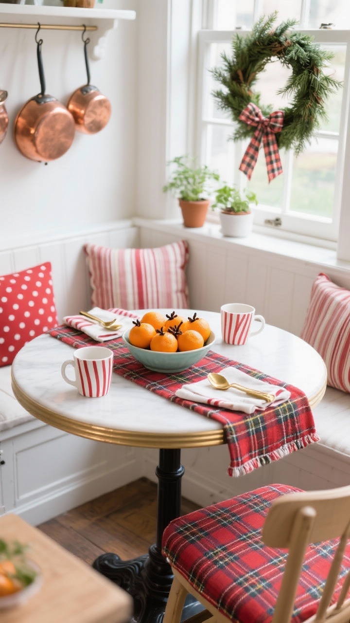 Detail/overhead shot, cheerful kitchen nook table: small round bistro table with a tartan tablecloth or runner, a bowl of clementines studded with cloves, plaid placemats with brass napkin rings, peppermint-striped mugs, plaid tea towel peeking into frame; background hints of built-in bench or café chairs with red plaid seat cushions, striped and polka dot pillows; copper pots hanging and a small pine wreath over the window, mini potted herbs on the sill tied with plaid ribbon; bright daylight, crisp white surfaces, photorealistic.