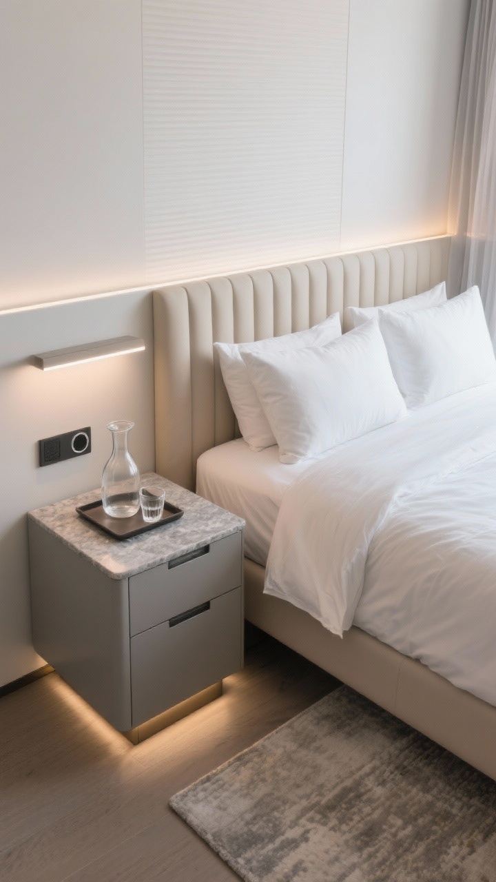 Detail overhead shot: Hotel-quiet minimal nightstand and bedscape. Channel-tufted upholstered bed in oatmeal with percale sheets, down duvet, and two euro pillows—no extra fluff. A sleek greige nightstand with push-to-open drawers; integrated LED strip lighting glowing softly behind the headboard. On a stone tray: a glass carafe and tumbler beside a discreet sound machine. Wall-to-wall low-pile rug barely visible, motorized blackout shades paired with sheer drapery. Photorealistic, serene, controlled warm-white lighting.