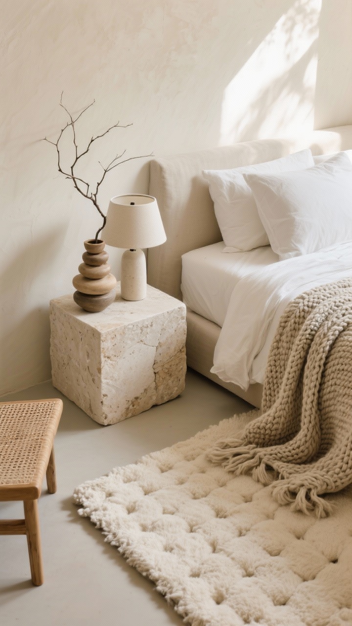 Detail overhead shot, Organic modern with stone and linen: a vignette featuring flax linen bedding with visible weave, a chunky knit throw draped across, and the edge of a hand-tufted cream wool rug; a smooth travertine cube nightstand with stone or plaster lamp base; stack of artisan ceramics and a simple branch arrangement; glimpse of warm ivory limewash wall and a woven bench at the bed’s foot; sun-bleached, tactile, softly diffused natural light, photorealistic.