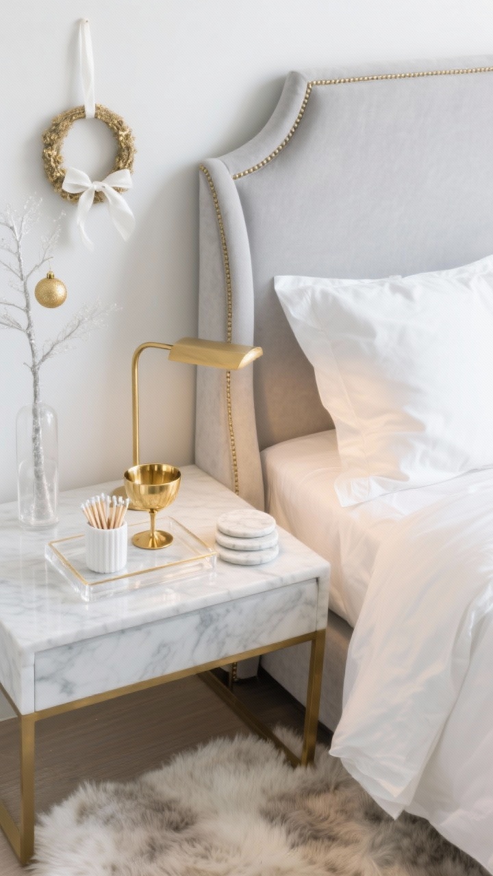 Detail overhead shot, photorealistic: Minimalist Frost + Gold Luxe bedside vignette in a white, soft grey, and champagne gold palette—dove grey wingback upholstered headboard edge, crisp white sateen sheets and silk pillowcase corner visible; a slim brass reading light casting soft illumination; a lucite tray holding a gold-rim coupe and white matches; nearby marble coasters on a clear, uncluttered nightstand; background hint of a slim frosted tree with matte gold ornaments and a simple brass hoop wreath with white silk ribbon; soft faux-shearling rug texture peeking in frame; serene, high-shine minimalism; no people.