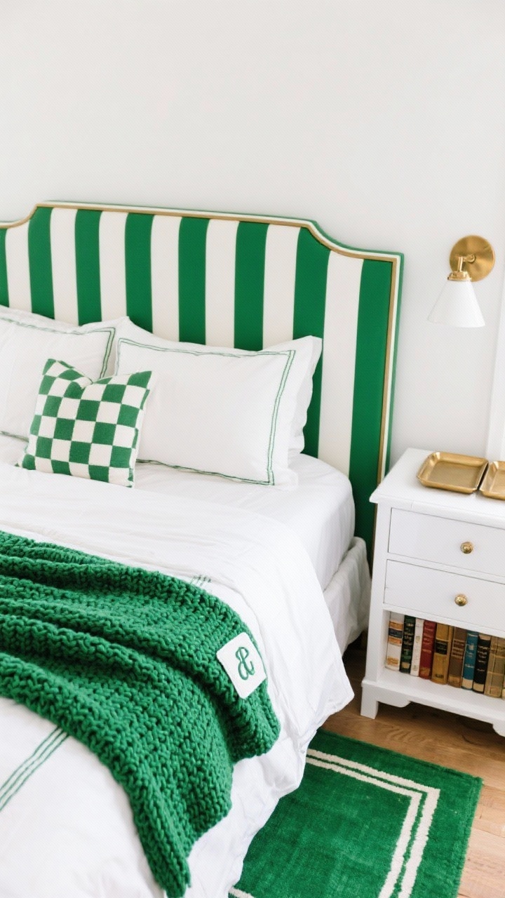 Detail overhead shot: Preppy pattern-filled bedscape on white bedding featuring a bold green-and-white striped headboard in frame; green cable-knit throw layered over a white duvet, gingham Euro shams, and a tiny diamond-print lumbar pillow; monogrammed sheet corner peeking out; nearby white lacquer nightstand styled with a brass library sconce above and lacquer trays; a crisp green-bordered rug visible at the edge; bright, clean lighting.