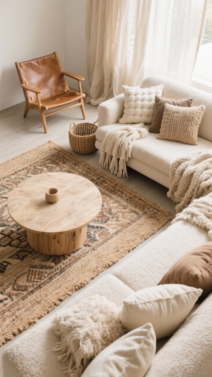 Detail overhead shot: Soft neutral boho texture study—two layered rugs: a large natural jute base with a plush Moroccan-style rug on top; low, round wood coffee table centered with minimal styling; edge of a bouclé or chenille sofa visible, piled with mix-and-match neutral pillows (fringe, tufting, knit, faux fur) in cream, sand, oatmeal, and taupe; nearby woven leather accent chair in natural tan, sheer linen curtains softly puddling on the floor, basket of chunky throws; gentle, diffused daylight, photorealistic.
