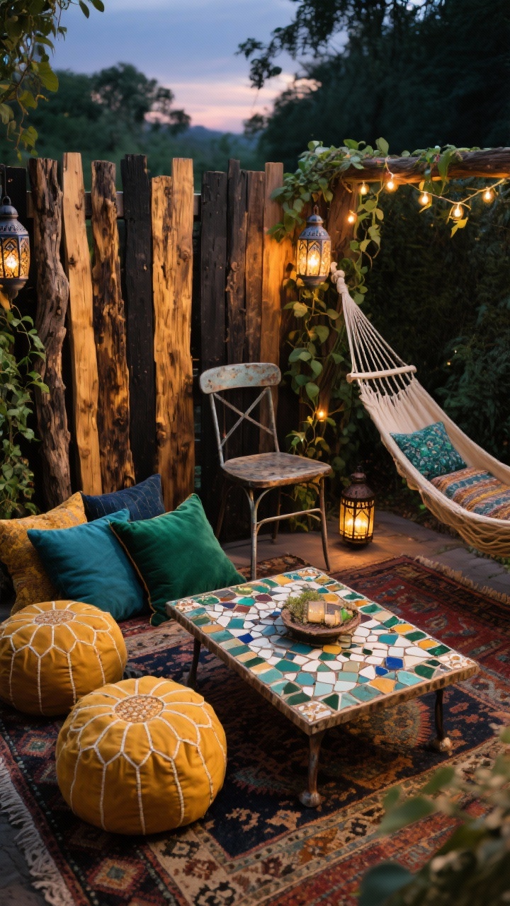 Detail overhead vignette, boho garden nook at twilight: Black locust mixed-width fence boards showing golden-brown grain, finished with natural oil for depth. Layered rugs beneath a mosaic-tile coffee table; jewel-toned pillows in emerald, indigo, and saffron on low poufs and a nearby slung hammock edge. Mismatched vintage metal chair leg in frame, trailing vines around Moroccan lanterns and tiny solar fairy lights twinkling. Earthy, artisanal boho mood, photorealistic.