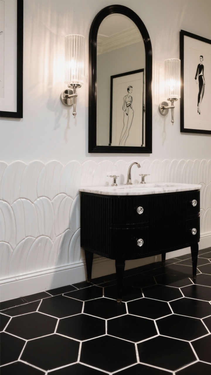 Detail shot — Art Deco Glam: Closeup composition of black hex floor tile with crisp white grout meeting a wainscot of large white scallop tiles, an arched black-framed mirror edge reflecting vertical ribbed-glass sconces in polished nickel, hints of a black lacquer vanity with crystal knobs and a thick white marble top, a framed black-and-white fashion sketch blurred in the background; warm dimmable glow, high-contrast geometry, photorealistic, no people.