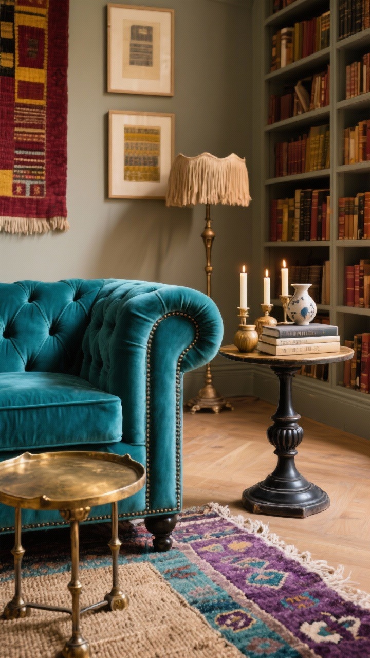 Detail shot, collector’s vignette: The arm and tufting of a saturated teal velvet chesterfield in focus, with layered rugs beneath—a flatweave kilim over a natural jute base. Mixed-metal side tables: antique brass on one side, black iron pedestal on the other, stacked with candles, ceramics, and dog-eared novels. Background shows floor-to-ceiling bookshelves, framed textiles on muted mushroom/soft taupe walls, and a vintage floor lamp with fringe. Art and objects featuring oxblood, mustard, teal, and smoky lilac accents. Warm library-like lighting. Photorealistic, no people.