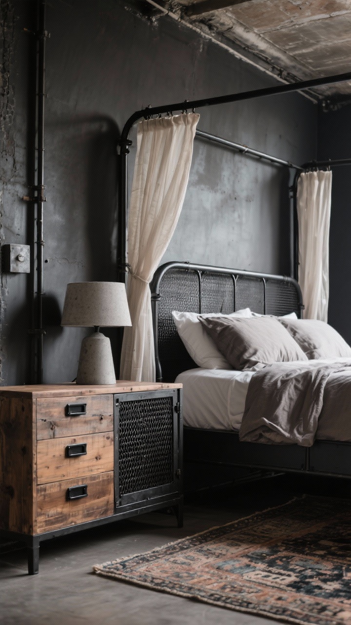 Detail shot, low angle: Soft industrial loft featuring the black metal canopy bed frame draped with gauzy sheer linen panels; metal nightstand with mesh cabinet doors beside it, and a concrete-inspired lamp on top. Weathered wood textures and matte black pulls peek from a dresser edge; vintage rug pattern blurred in foreground. Palette of black, graphite, walnut, and taupe; moody, diffused light for an approachable industrial vibe.