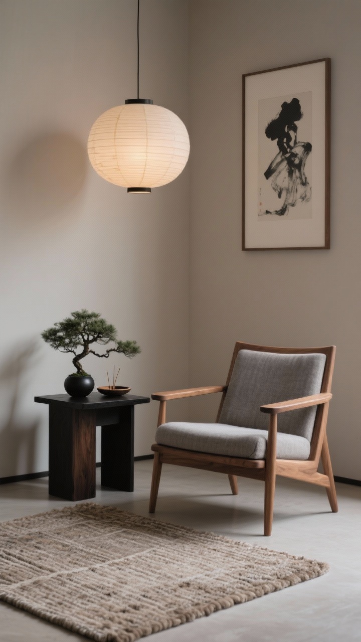 Detail shot, minimal zen corner textures and forms: solid ash wood accent chair with low Japanese-inspired profile, linen seat in stone gray; flat-weave wool rug in mushroom underneath; low black-stained oak side table holding a single matte black ceramic vessel; soft palette of taupe, charcoal, warm wood; paper lantern pendant glowing overhead; a bonsai and a shallow incense tray nearby; minimalist ink print in background; calm, diffuse lighting, photorealistic, no people.