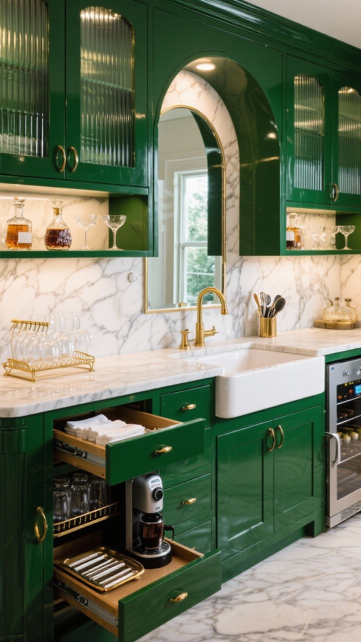 Detail shot of a glam butler’s pantry beverage station: glossy hunter-green cabinets with fluted glass uppers, Calacatta marble counter and full-height backsplash; built-in wine fridge door edge visible, nugget ice maker nearby; arched mirror behind the sink reflecting brass hardware and bouncing light; open shelves with decanters and coupe glasses, drawer inserts holding bar tools and napkins slightly open; stemware racks under a shelf, pull-out tray for a coffee machine, vertical slot storing serving trays; palette of hunter green, brass, and white marble with sparkling, elegant lighting.