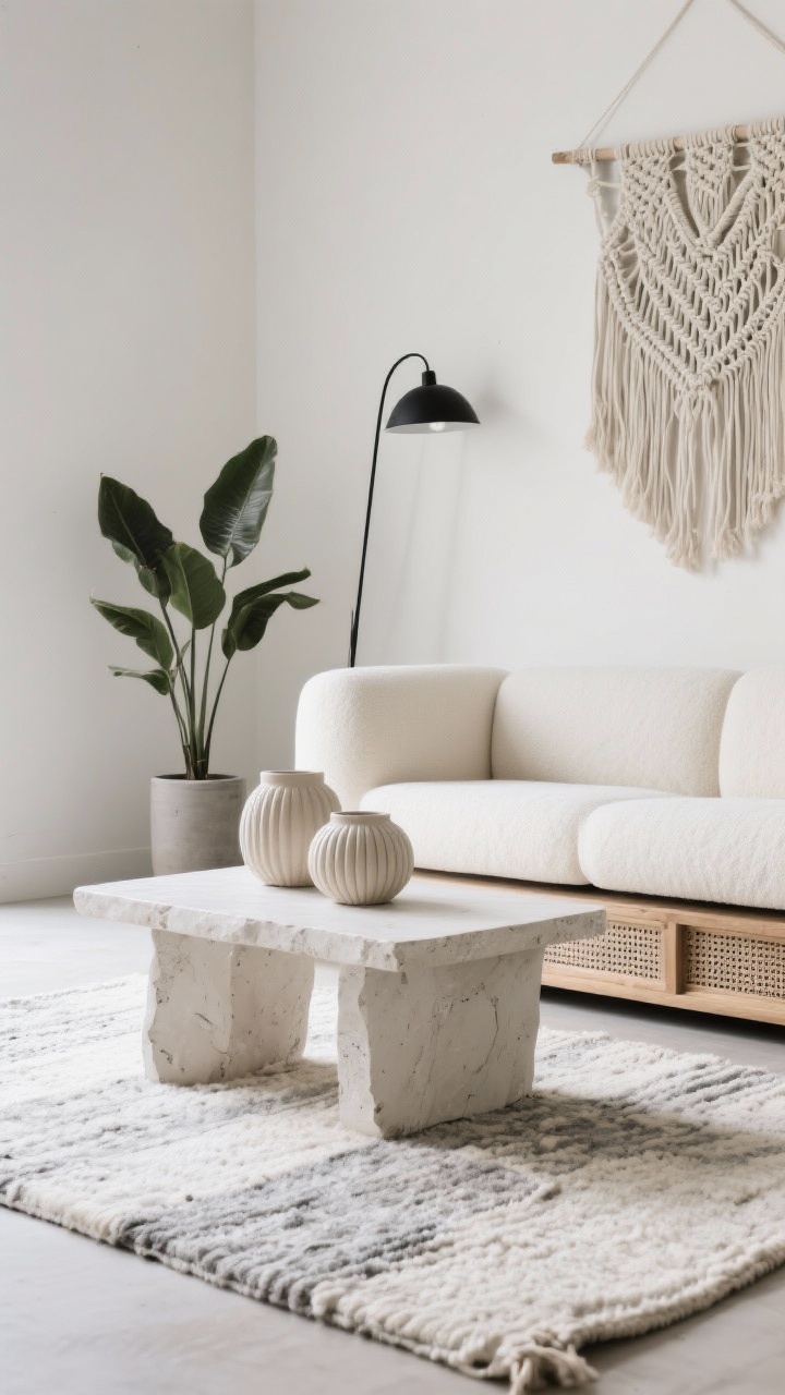 Detail shot, side-lit: Minimalist monochrome boho textures in ivory, bone, stone, and soft gray—closeup of a flatwoven wool rug meeting the edge of a low boxy creamy performance-fabric sofa; sculptural plaster coffee table surface with ribbed ceramic vessels; macramé wall hanging softly out of focus in background; single blackened metal floor lamp providing a clean edge; whitewashed mango wood media console with cane doors partially visible; a single architectural rubber plant in a matte cylinder pot; curated negative space, serene and quietly luxurious, photorealistic.