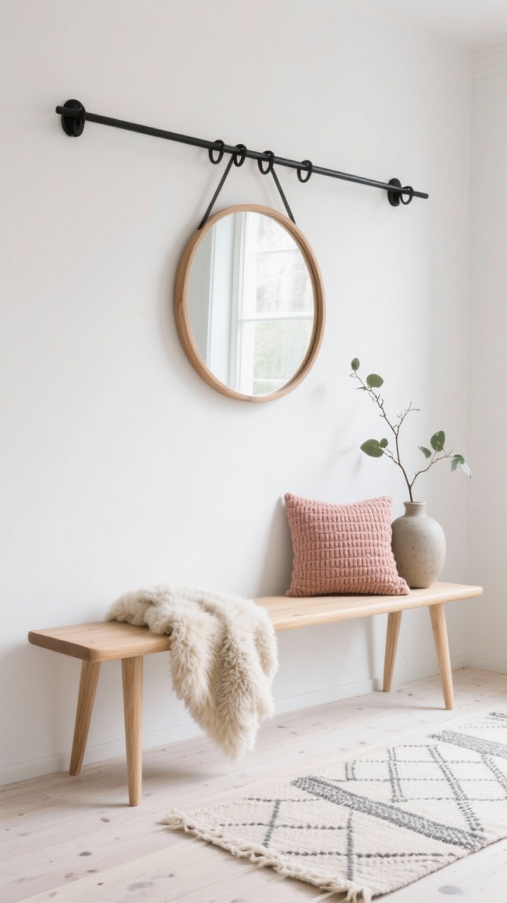 Detail shot, straight-on minimal composition: a slim blonde wood bench with tapered legs against white walls, whitewashed oak floors, a plush sheepskin throw draped over the bench, a waffle-knit cushion in clay or dusty pink, a simple black peg rail above for structure, a minimalist round mirror with a natural wood frame reflecting soft light, a flatweave runner in cream and gray with a subtle geometric pattern, and a single leafy branch in a stoneware vase; soft, serene daylight, Scandi calm.