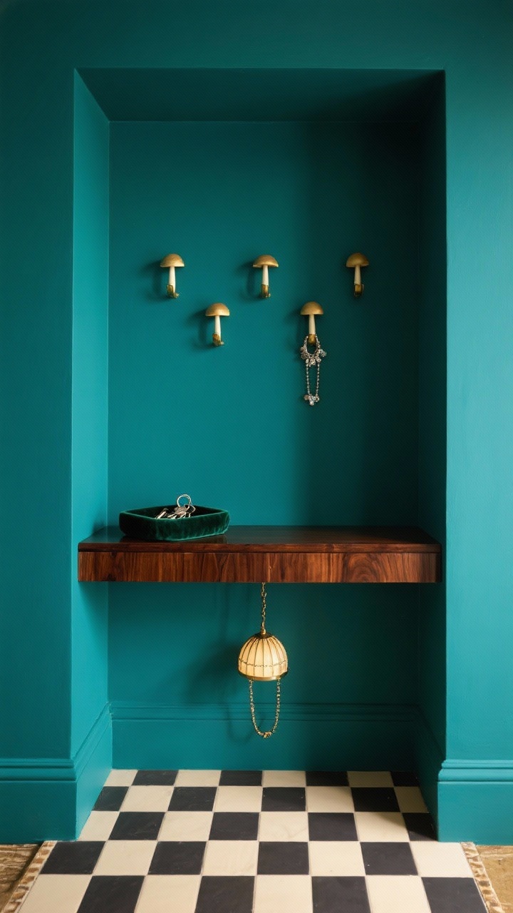 Detail shot, straight-on, of a bold color box: a shallow alcove fully painted in deep teal (walls and ceiling) with a narrow wall-mounted lacquered wood console shelf acting as a drop zone; small brass mushroom hooks staggered like jewelry on the wall; a cream-and-black checkerboard tile mat anchoring the floor; a petite dome sconce with pull chain casting a warm glow on the saturated hue; a velvet catch-all tray for keys atop the console; glamorous, jewel-box mood.