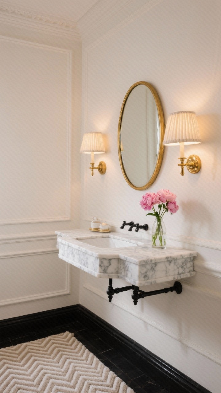 Detail shot, straight-on: Parisian powder room vignette showing simple wall molding on soft ivory walls, a gilded oval mirror, and pleated linen sconce shades with warm bulbs. A marble-topped vanity surface (or faux marble accessories) holds a small bud vase with pink peonies; a herringbone cotton rug edge appears at the frame bottom. Black accents in hardware add crisp fashion-forward contrast. Elegant, boutique hotel feel, photorealistic.
