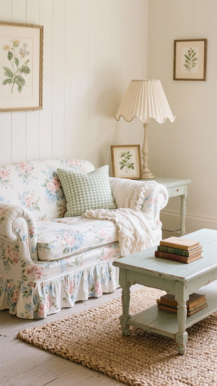 Detail shot, vignette: Skirted English roll-arm sofa in a soft floral fabric with curvy arms and deep seat; backdrop of buttermilk cream walls; braided rug edge visible; painted vintage coffee table with a small stack of books, framed botanicals leaning, and a scalloped pleated lampshade casting a cozy glow; added gingham pillow and a ruffled throw; palette of cream, sage, dusty rose, soft blue; cotton, wicker, painted wood, linen textures; charming cottage-core mood, photorealistic.