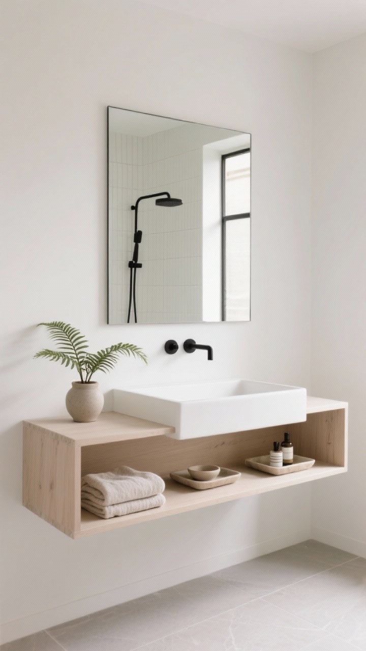 Detail, straight-on minimal vignette: warm white wall with a frameless mirror above a light ash floating vanity, thin linear matte black hardware, vertical matte white shower tile visible reflected in the mirror to suggest height; large-format light greige porcelain floor; soft linen towels neatly folded on a minimal open shelf, a single fern in a simple ceramic pot, ceramic trays with essentials; soft white, light ash, pale stone, matte black accents; serene, natural daylight.