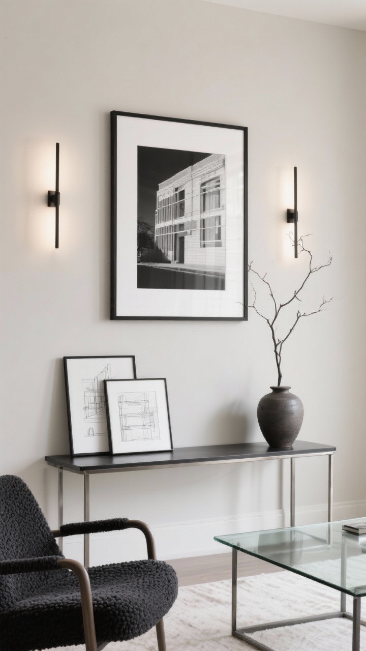 Detail-to-medium straight-on composition of a soft greige wall showcasing one oversized black-and-white photograph as the focal point; two slender picture lights mounted above cast an even, gallery-like glow; a low console beneath holds thin-framed (black or brushed steel) architectural sketches leaning to subtly overlap the photo’s visual space; include matte pottery on the console and a single sculptural branch in a tall ceramic vase for airy height; nearby hints of a charcoal boucle chair and glass-top coffee table; palette of greige, black, white, and charcoal, emphasizing negative space and clean lines.
