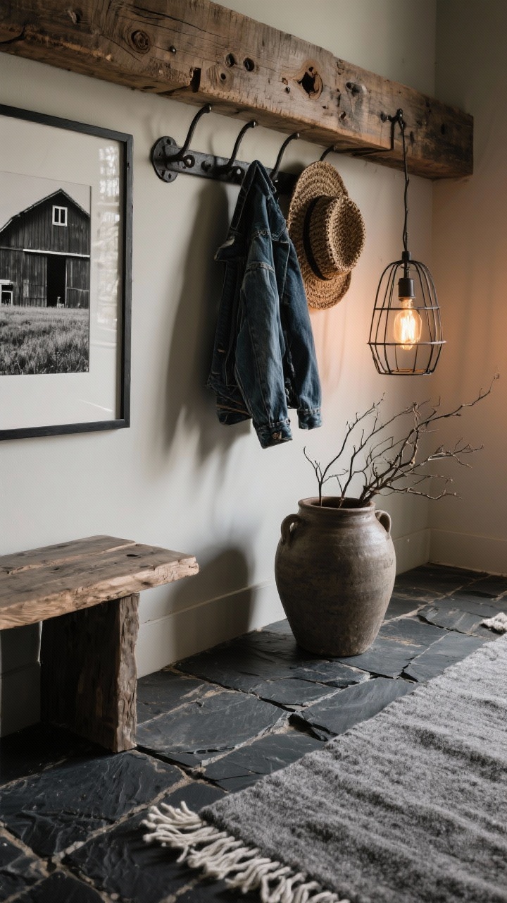 Detailed closeup at waist height focusing on rustic materials: tumbled slate flooring in deep charcoal with textured edges, the corner of a reclaimed beam console showing knots and nail holes, a rugged iron coat rack above holding oversized woven hats and denim jackets, a moody black-and-white framed barn photograph partially in frame, warm Edison bulbs in an iron-cage pendant glowing softly, a thick heathered gray wool runner edging into the scene, and a large stoneware crock with foraged branches; earthy, grounded lighting.