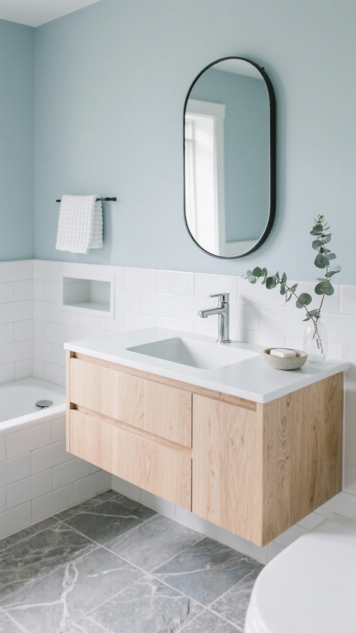 Detailed closeup of a Coastal Quiet Bathroom vanity area: soft gray-blue wall backdrop, floating light oak vanity with a rectangular vessel sink, slim brushed nickel faucet, and a rounded-rectangle mirror with a thin black frame. Large-format stone-gray porcelain floor tile glimpsed below; stacked matte white shower tiles with a niche shelf softly out of focus. Styling shows white waffle cotton towels, a ceramic soap dish, and a single eucalyptus branch. Fresh, clean coastal mood with bright, even lighting.