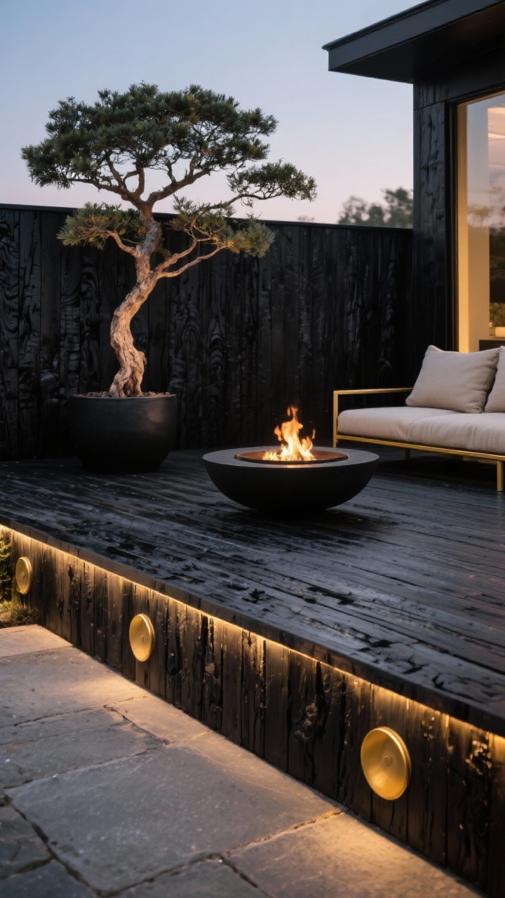 Dramatic straight-on detail of Shou Sugi Ban–inspired charred wood deck skirting: deep ebony stain with visible blackened grain. Edges finished with brass L-channel trim catching warm light; disc step lights set into the skirt cast a rich glow at dusk. In the scene, a low fire bowl, neutral linen cushions, and a single sculptural tree (olive or Japanese maple) in a black planter. Color palette: charred black, warm brass, stone gray. Twilight ambiance.