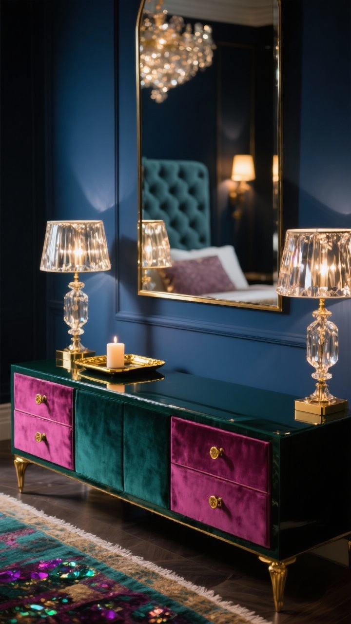 Glam detail shot at bench level: mirrored bench reflecting room light, featuring two velvet-front drawers (magenta or emerald tone visible) with polished gold or warm brass hardware; backdrop of moody ink blue walls; crystal finial lamps glinting softly; bench styled with a lacquered tray, a small candle, and a gold-rimmed catchall; hint of a jewel-toned rug and a tufted headboard bokeh in background; sparkling yet elegant evening lighting, photorealistic.