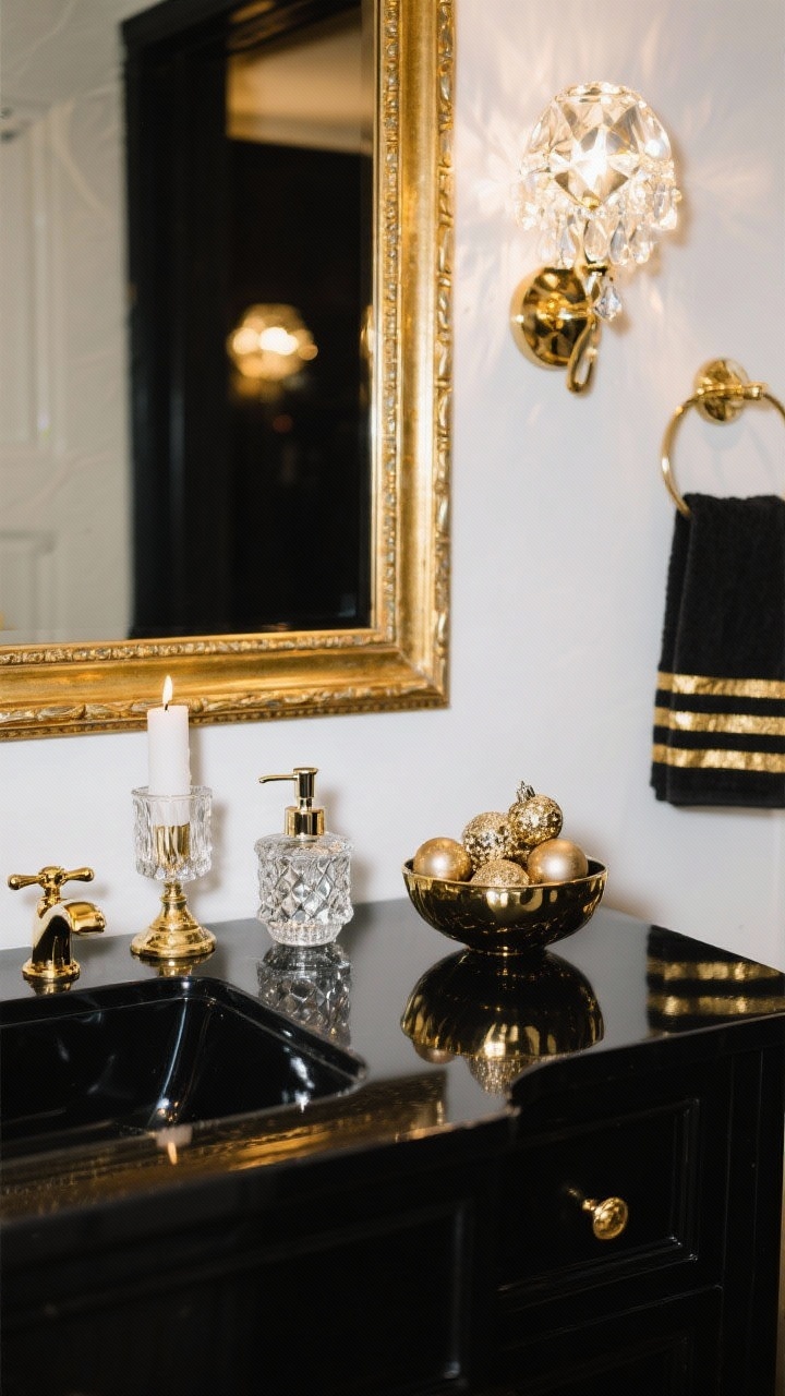 Glamorous “Gilded Glam Powder Room” closeup: detail shot of a high-gloss black vanity with polished brass fixtures reflecting light, beneath a statement gold-framed mirror. On the counter: mercury glass candleholders, a crystal soap dispenser, and metallic ornaments piled in a footed bowl. In the background blur, a faceted sconce or small glam chandelier glitters. Black-and-gold striped hand towel folded neatly nearby. Color palette: black, white, and gold. Sparkling, dramatic lighting with highlights and soft shadows. Tight composition from a slightly elevated angle.