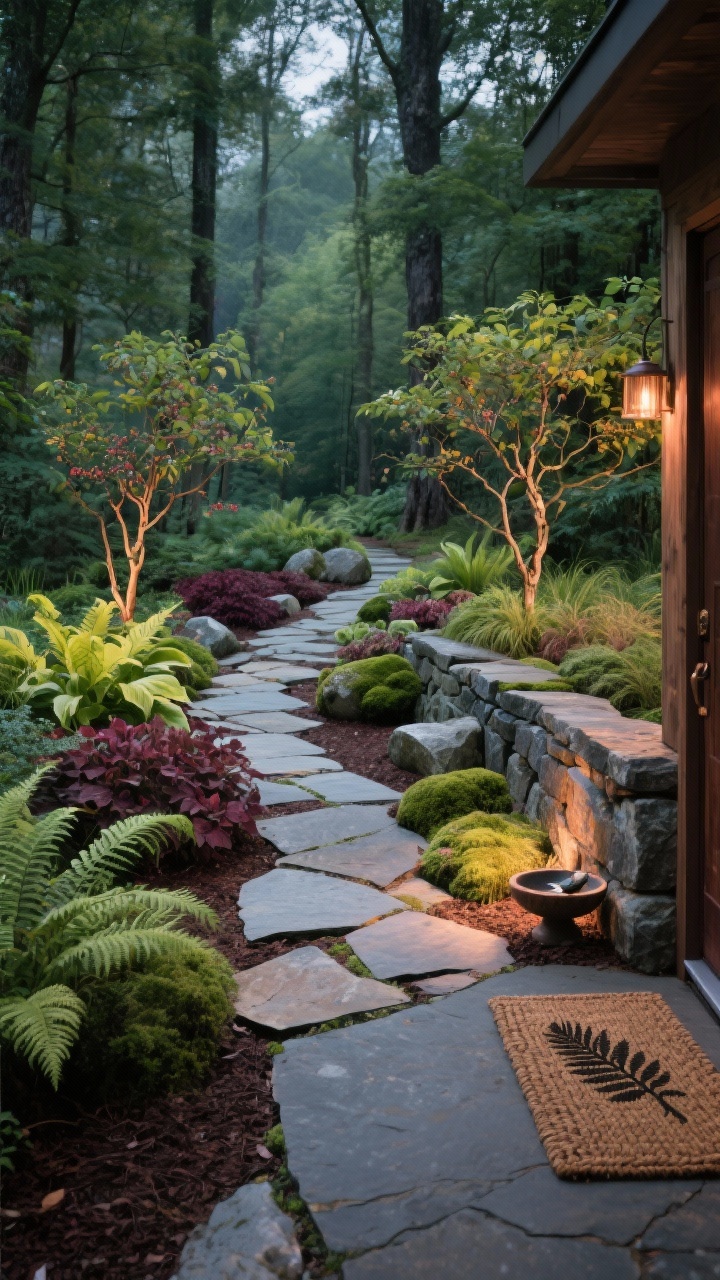 Meandering medium-wide walk-up view through a woodland edge entry: irregular flagstone path winding between lush layers of ferns, hostas, Japanese forest grass, and heuchera in burgundies and chartreuse; a pair of multi-stem serviceberries framing the path, low stone seating wall, scattered mossy boulders; deep green, chartreuse, wine, slate palette; natural stone and weathered wood textures with mulched beds; subtle copper path lights glowing at twilight, birdbath near the entry and a woven doormat with fern motif; photorealistic, shade layering and soft groundcovers, no people.