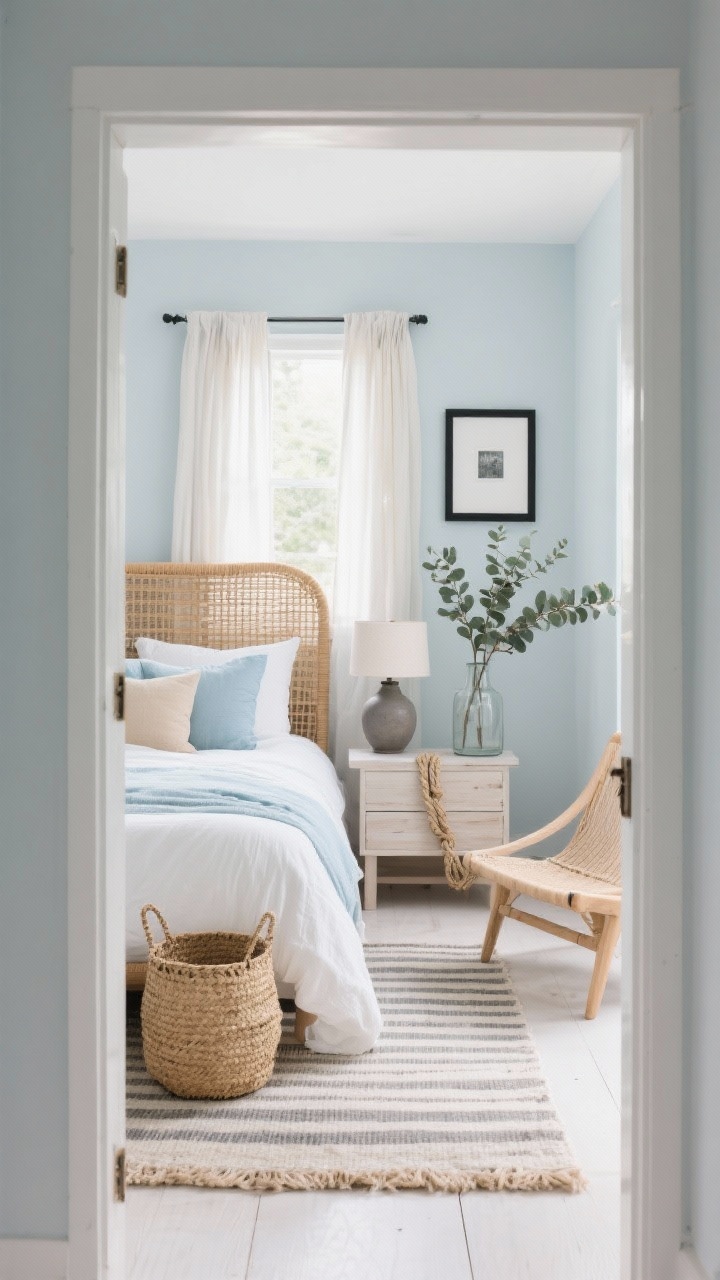Medium, airy coastal calm scene from the doorway: Soft gray-blue walls, a woven rattan/cane headboard; crisp white airy bedding layered with pale blue and sandy beige pillows; linen drapes that catch natural light; whitewashed wood nightstands topped with matte ceramic lamps and subtle rope-wrapped details; textures including a seagrass basket, striped flatweave rug, and ceramic vases; minimal coastal photography in thin black frames; a light oak accent chair with a sling seat; a eucalyptus bundle in a glass jug; bright, breezy lighting, photorealistic, no people.