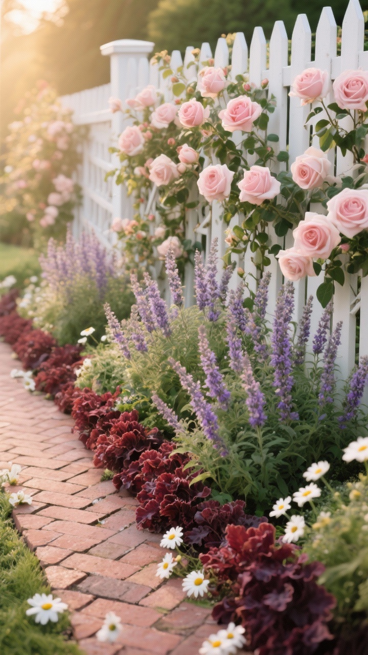 Medium, angled view of a romantic layered border along a picket fence: white trellises with blush climbing roses at the back, billows of catmint and salvia mid-layer, and a fringe of burgundy heuchera along the edge near a brick herringbone path; scattered white cosmos for airy movement; palette of blush, burgundy, lavender, and fresh green; golden-hour lighting for soft glow; timeless, romantic charm; photorealistic detail in petals and ruffled foliage.