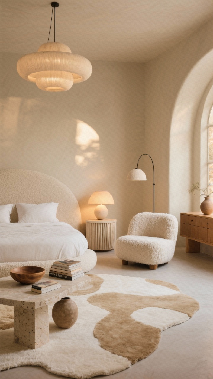 Medium angled view: Organic modern bedroom painted mushroom beige with sculptural curved furniture. A rounded bouclé bed/low curved headboard, pill-shaped nightstands with ribbed fronts, and warm travertine lamps glowing like sunset. An abstract high-low pile rug in cream and sand underfoot; a boucle/sherpa accent chair paired with an arched floor lamp. Decor includes a travertine plinth, stacked coffee table books, and organic pottery; a halo-style chandelier above and a shallow wood bowl styled on the dresser. Photorealistic, soft golden-hour light, quietly luxe.