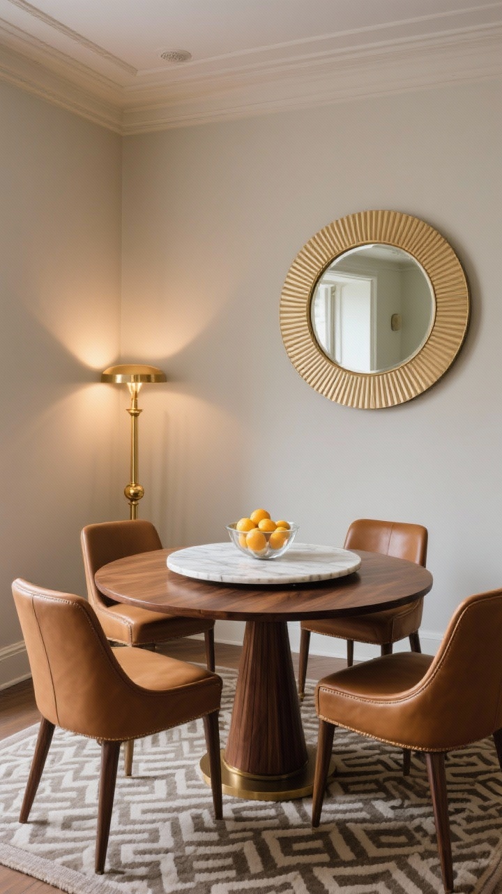 Medium, art-deco dining corner: round walnut pedestal table with curved-back camel leather dining chairs on a geometric runner rug; brass torchiere floor lamp in the corner sending light upward to bounce off the ceiling, flattering faces; round mirror with ribbed frame reflecting soft glow, marble lazy Susan centered on the table, glass bowl of citrus; palette walnut, camel, brass, ivory; dimmed ambience as if set for dinner; photorealistic, elegant without fuss.
