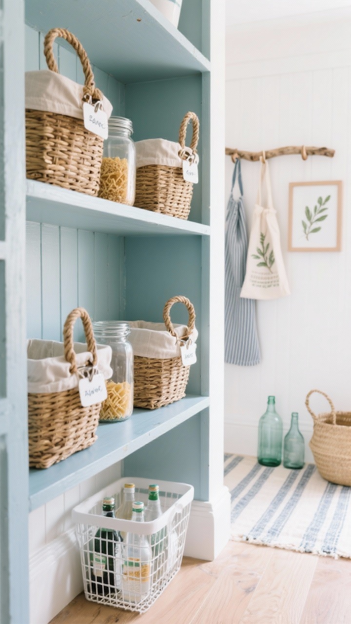 Medium-close detail shot — A coastal calm pantry shelf scene with dusty ocean blue painted shelves against soft white walls, captured at a gentle side angle with bright natural light. Rattan baskets with linen liners and rope-handled bins provide texture; frosted glass jars with white clip labels neatly store grains and pasta. On the floor, a white wire crate holds beverages. Include a driftwood peg rail in the background with aprons and reusable bags, plus subtle accents: sea-glass bottles, a small framed botanical, and a striped Turkish runner below. Light, breezy, beachy.