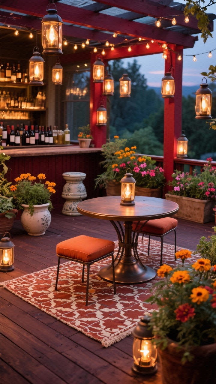 Medium-close vignette on Douglas fir deck stained rich merlot-brown semi-transparent with subtle red undertones glowing at twilight: matte bronze round bistro table with terra-cotta seat cushions; patterned tile-look outdoor rug in rust and cream beneath; clusters of lanterns with warm Edison bulbs and twinkle lights overhead; ceramic garden stools nearby; planters with marigolds, geraniums, and herbs adding layered color; intimate wine-bar terrace vibe, photorealistic.