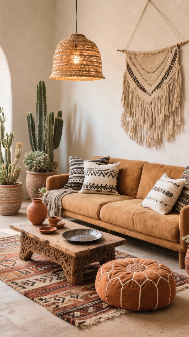 Medium closeup, desert boho: a low-profile sofa in warm camel with taupe undertones piled with mudcloth and woven pillows in ivory and charcoal patterns; a Berber-style rug beneath; a carved wood coffee table holds hammered metal trays and terracotta pottery; background shows cacti and succulents in textured pots and a large fringed wall hanging; overhead, a woven pendant casts warm light; include a floor cushion cluster beside the coffee table; palette camel, terracotta, ivory, charcoal; photorealistic, earthy and sun-warmed.