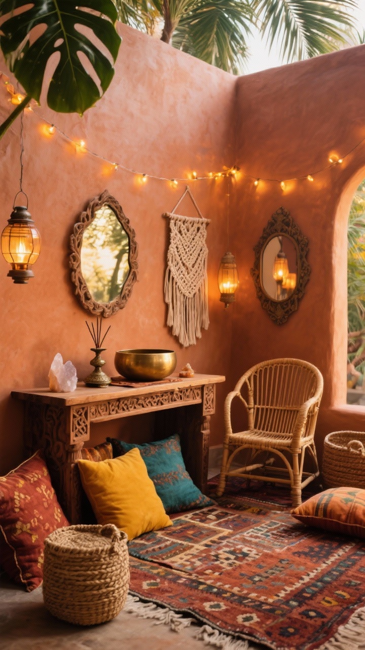 Medium corner angle: A boho temple nook with earthy terracotta walls, layered kilim rugs, and pillows in turmeric, rust, and peacock hues; a carved wood console acting as an altar with crystals, incense burner, and a brass singing bowl, flanked by a rattan chair and floor cushions; woven baskets and a macramé wall hanging, vintage mirrors reflecting warm lantern light; fairy lights draped softly for a golden dusk glow, palms/monstera in the background; photorealistic, inviting.