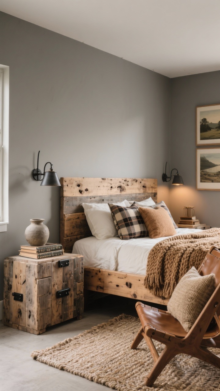 Medium corner angle: A modern rustic retreat featuring greige walls and a reclaimed wood bed with visible knots, dressed with a chunky knit throw and plaid accent pillows; iron sconces flanking the bed; a leather sling chair in the corner with a wool pillow; a jute-and-wool blend rug underfoot; weathered wood cube nightstands with black hardware; vintage landscape prints, a stack of worn books, and a stoneware vase as decor; palette of charcoal, camel, warm wood, and cream; warm, cozy lighting, photorealistic, no people.
