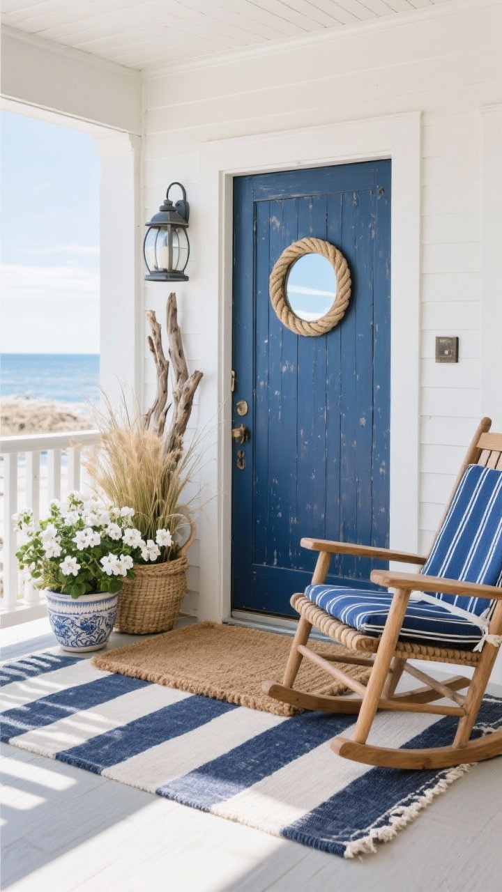 Medium corner-angle coastal porch shot under bright natural light: weathered blue door, jute rope doormat layered over a navy-and-white striped rug, driftwood accents arranged beside a seagrass lantern, a round porthole-style mirror mounted near the door reflecting sky, ceramic planters filled with sea grasses and white geraniums, a teak rocking chair with a blue-striped cushion positioned to the side; palette of navy, sky blue, white, and sandy neutrals; natural fiber textures and rope details; no people.